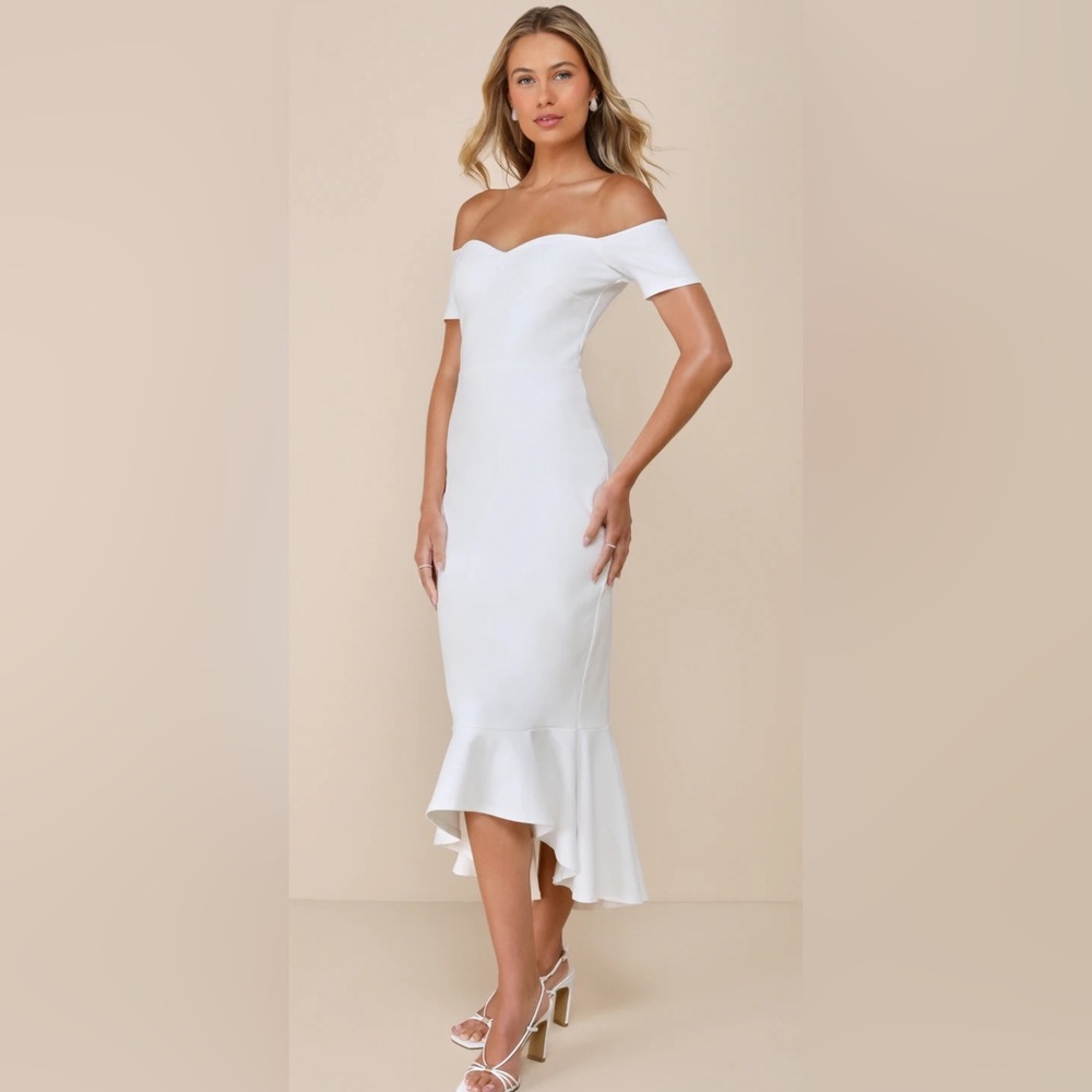 Lulus Much I Care Ivory Off-the-Shoulder Midi Dress NWOT Small